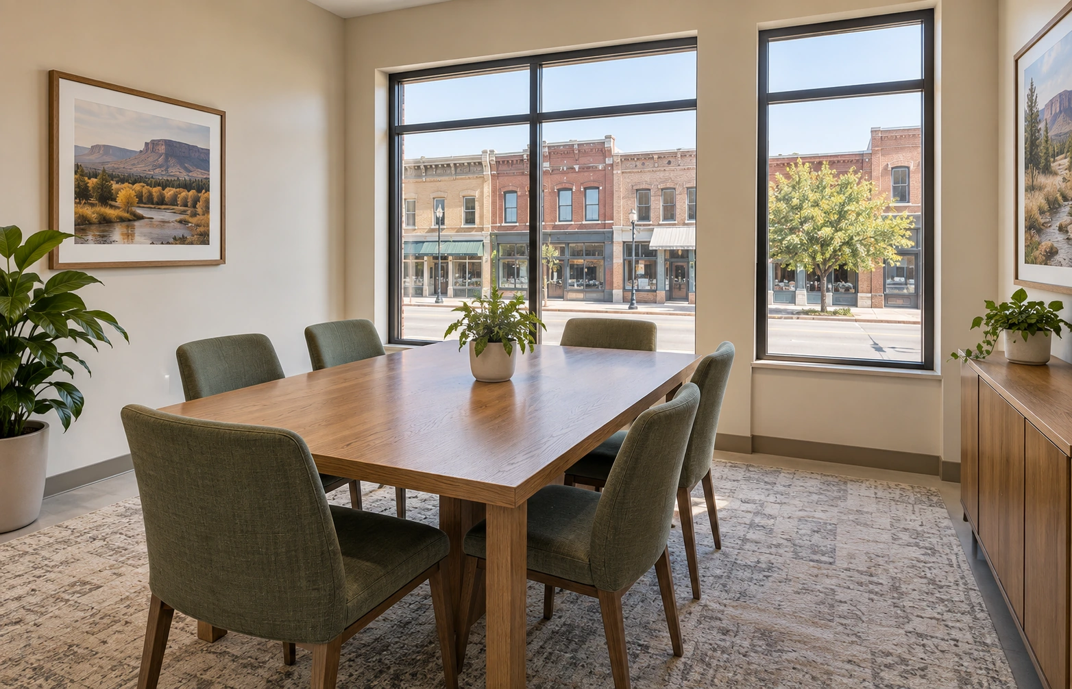 Clean ground-floor office meeting room overlooking a low-rise small-town street
