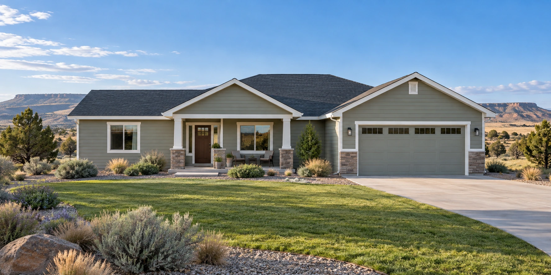 Freshly painted ranch-style house with sage-gray siding and landscaping suited to a dry valley