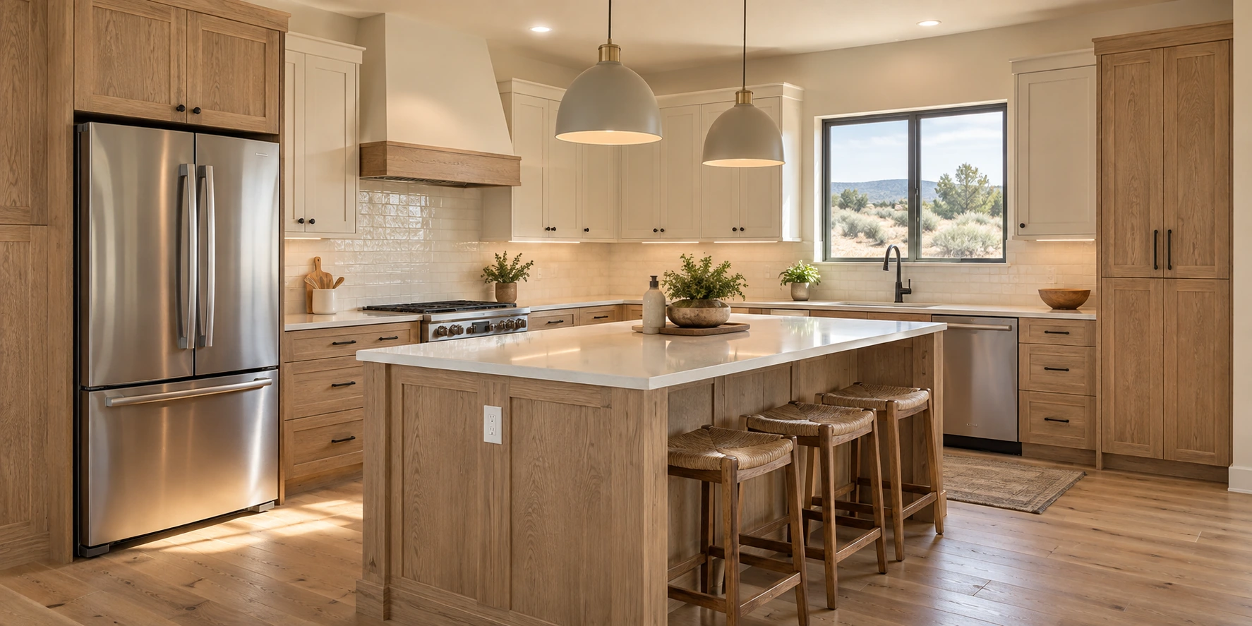 Clean ranch-home kitchen with wood cabinetry, a central island, and natural daylight