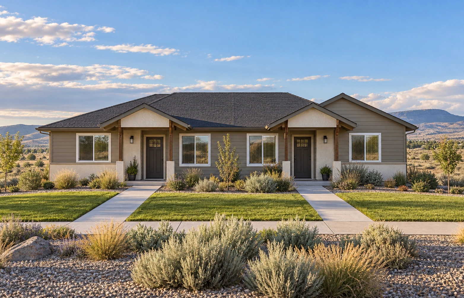 Well-maintained low-rise rental homes with gabled roofs and water-wise landscaping