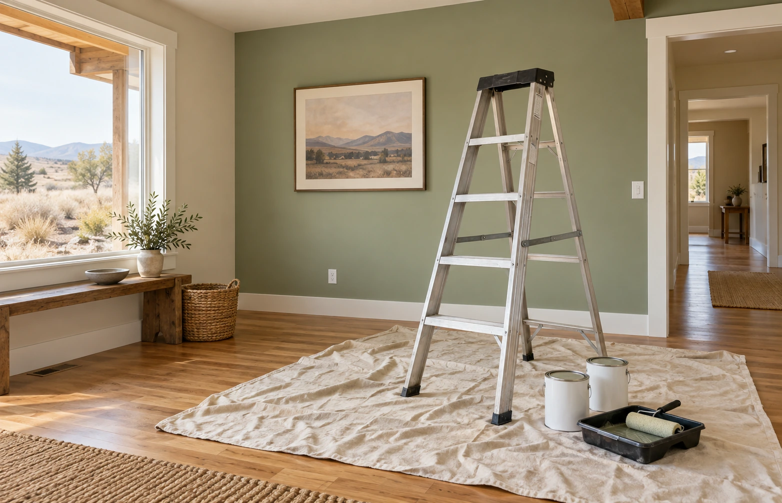 Freshly painted home interior with a ladder and painting supplies arranged on a protective drop cloth