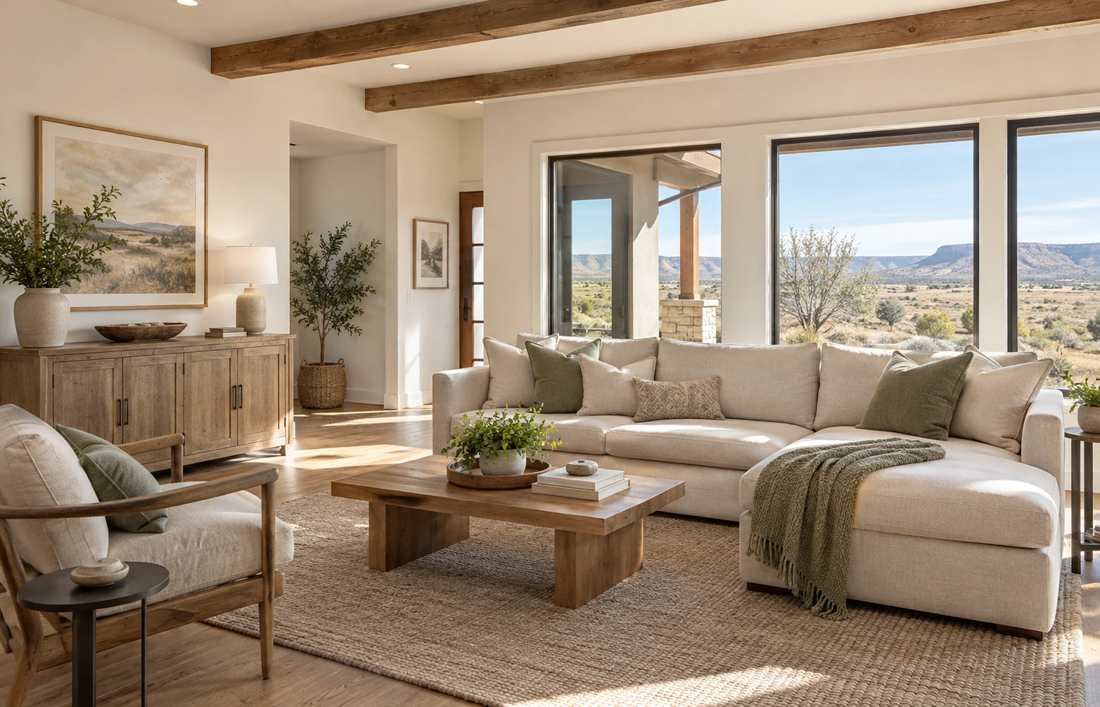 Freshly cleaned ranch-style living room with warm wood furniture and natural light